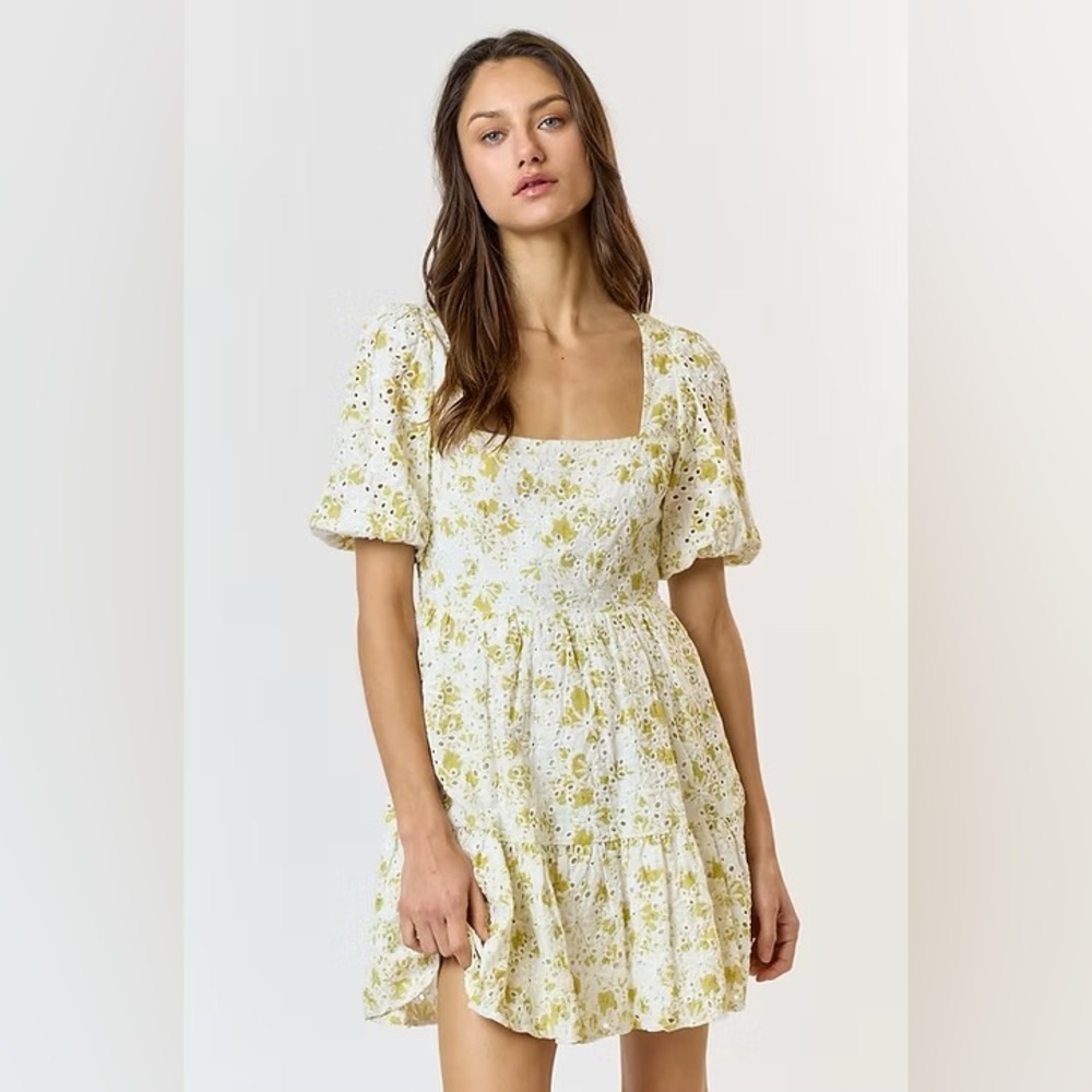 Blue Blush Lime Green & White Floral Eyelet Puff Sleeve Mini Sundress